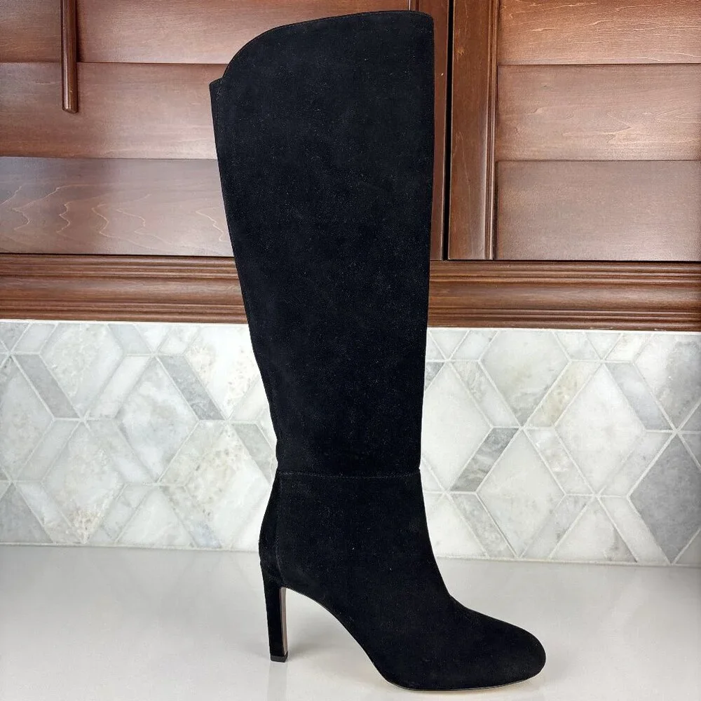6.5 Leather Knee High Tall Boot Suede Black Round Almond Toe Heel Edelman Shauna